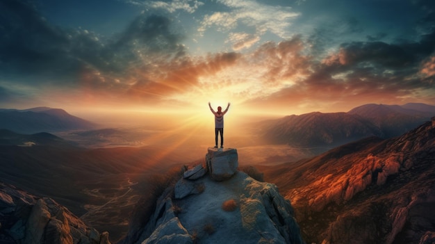 Foto uma pessoa de pé no topo de uma montanha ao pôr do sol gerada pela ia.