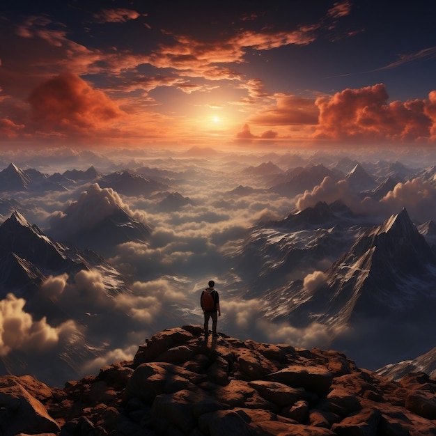Foto uma pessoa de pé no topo de uma montanha erguida sobre as nuvens com nuvens no horizonte