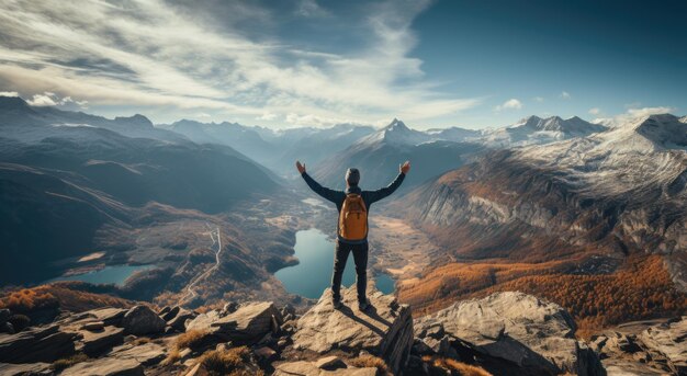 Foto uma pessoa de pé no topo de uma montanha na vista da montanha ao pôr do sol