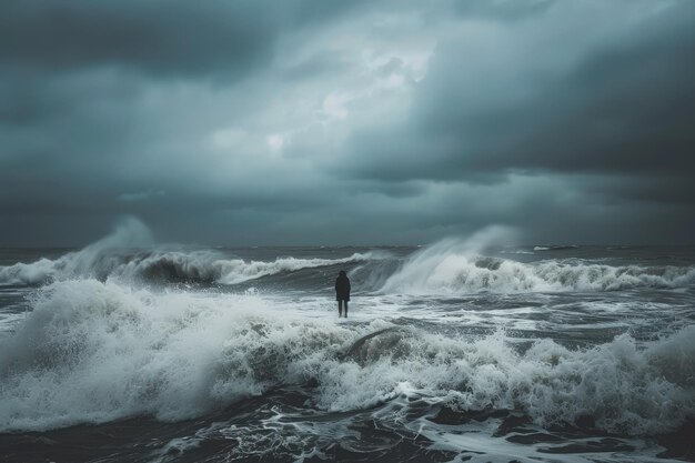 Uma pessoa de pé numa onda no oceano