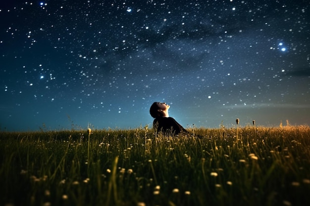 Uma pessoa deitada em um campo olhando para um céu estrelado saúde mental