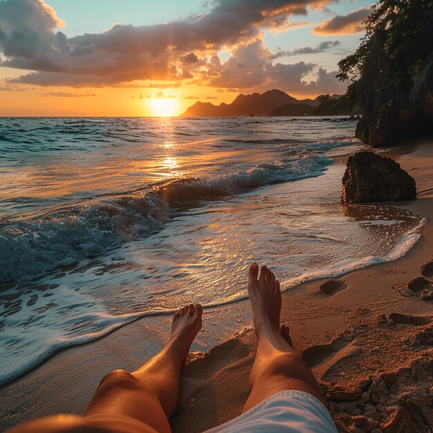 uma pessoa deitada numa praia com o sol a pôr-se atrás deles