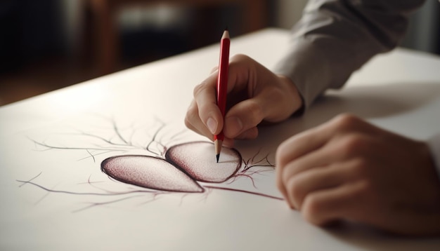 Uma pessoa desenhando um coração com um lápis.