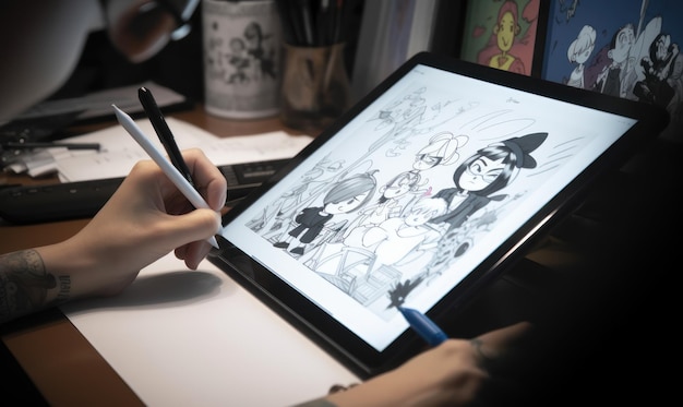 Uma pessoa desenhando um personagem de desenho animado em um tablet