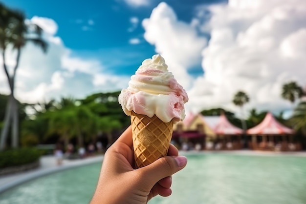 Uma pessoa desfruta de uma casquinha de sorvete cremoso enquanto aprecia vistas deslumbrantes em férias luxuosas