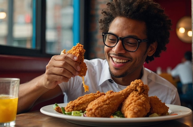 Foto uma pessoa desfrutando de frango frito em um restaurante