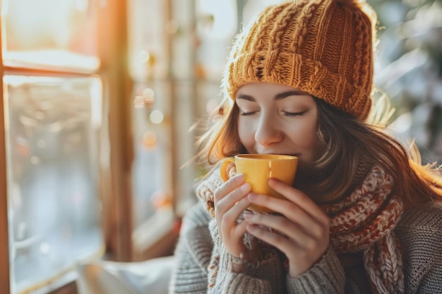 Uma pessoa desfrutando de uma bebida quente em um dia frio confortavelmente envolta em roupas de inverno