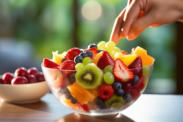 Foto uma pessoa desfrutando de uma tigela de salada de frutas em um pátio ensolarado