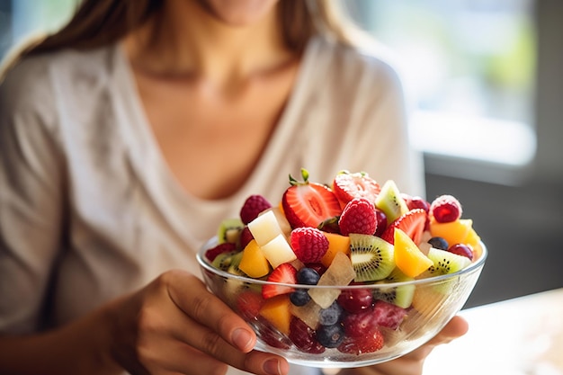 Foto uma pessoa desfrutando de uma tigela de salada de frutas em um pátio ensolarado