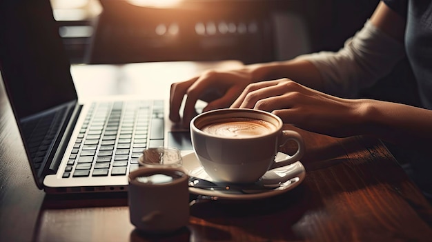Uma pessoa digitando em um laptop com uma xícara de café ao fundo.