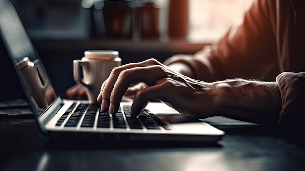 Uma pessoa digitando em um laptop com uma xícara de café ao fundo