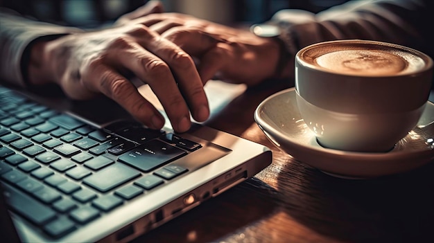 Uma pessoa digitando em um laptop com uma xícara de café na mesa.