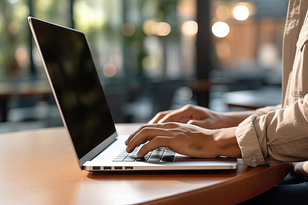 Foto uma pessoa digitando em um laptop em uma mesa