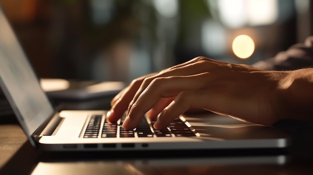 Uma pessoa digitando em um teclado de laptop com um fundo desfocado