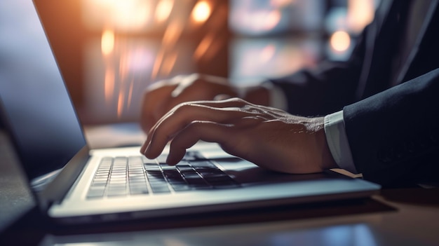 Uma pessoa digitando em um teclado de laptop com um fundo desfocado