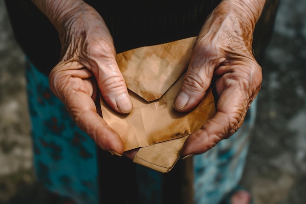 Uma pessoa é vista segurando um pedaço de papel em suas mãos mãos idosas distribuindo envelopes de caridade gerada por ia