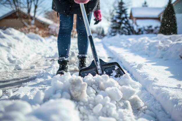 Uma pessoa em close-up usando uma pá de neve para limpar a neve de um caminho depois de uma tempestade de inverno