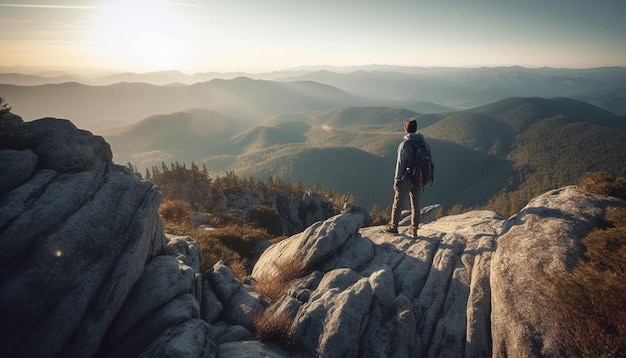 Uma pessoa em pé no pico da montanha gerada triunfantemente pela IA