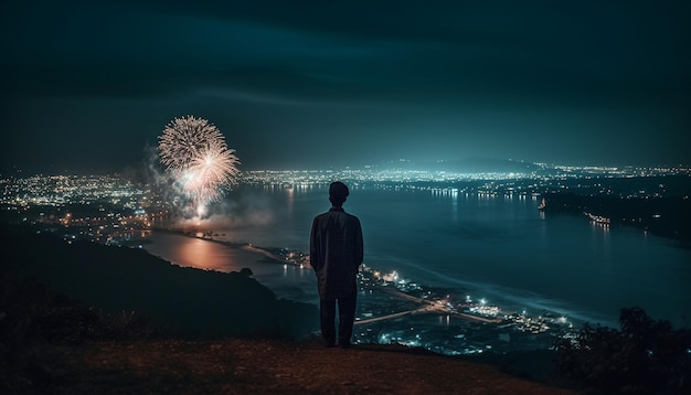 Uma pessoa em pé observando o horizonte iluminado da cidade gerado por IA