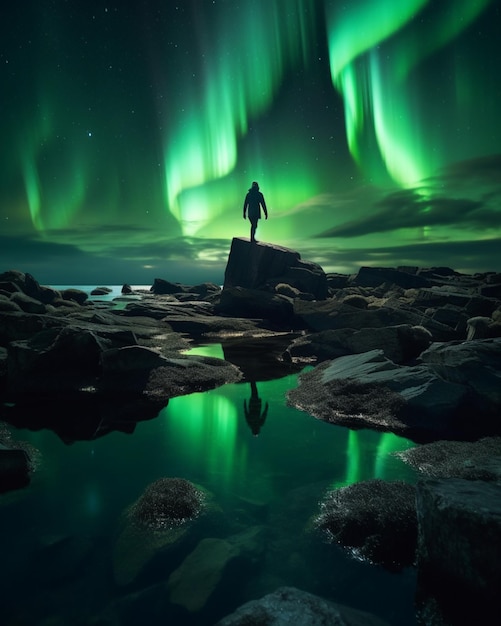 Uma pessoa em pé sobre uma rocha com as luzes verdes no topo