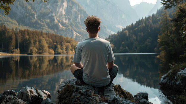 Foto uma pessoa em postura de meditação junto a um lago de montanha nebuloso envolto na luz suave da manhã cedo