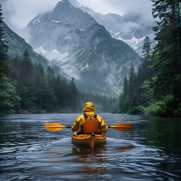 uma pessoa em um kayak com uma montanha ao fundo