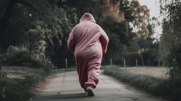 Uma pessoa em um macacão rosa caminhando por um caminho Imagem de IA generativa