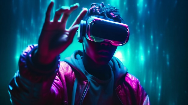 Uma pessoa em um palco roxo com óculos de realidade virtual