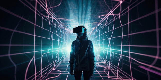 Uma pessoa em um quarto escuro com um fone de ouvido de realidade virtual.