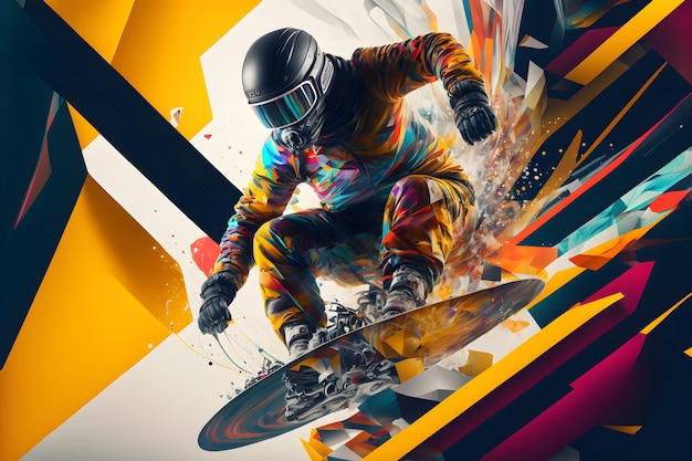 Uma pessoa em um snowboard com um fundo colorido.