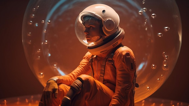 Uma pessoa em um terno laranja e capacete sentado em uma sala com bolhas Generative AI Art