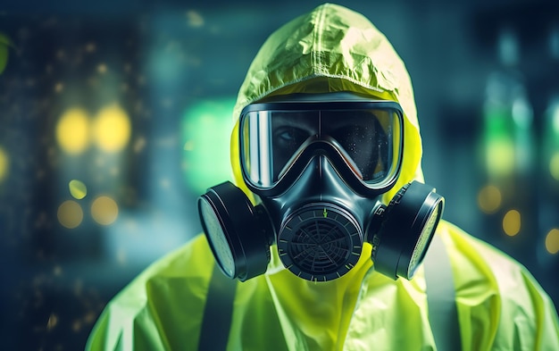 Uma pessoa em um traje de proteção química contra radiação com aviso radioativo manuseando produtos químicos