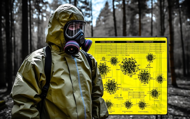 Uma pessoa em um traje de proteção química contra radiação com aviso radioativo manuseando produtos químicos