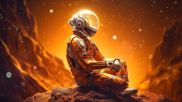 Uma pessoa em um traje espacial sentada em uma superfície rochosa Generative AI Art