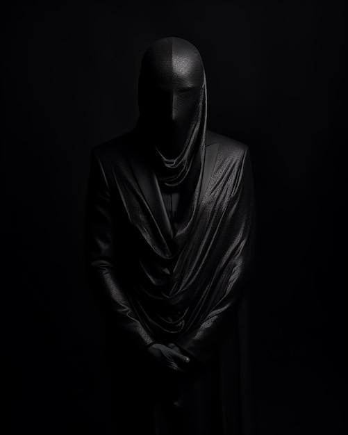 Foto uma pessoa em um traje preto fica na frente de um fundo preto