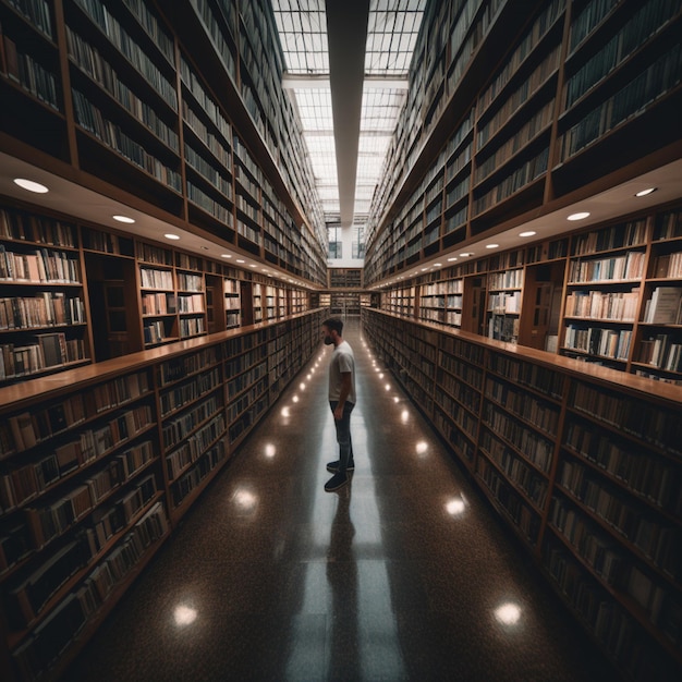 Uma pessoa em uma biblioteca com uma estante de livros no meio