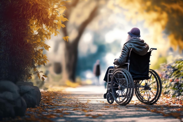 Uma pessoa em uma cadeira de rodas está sentada em um caminho em um parque.