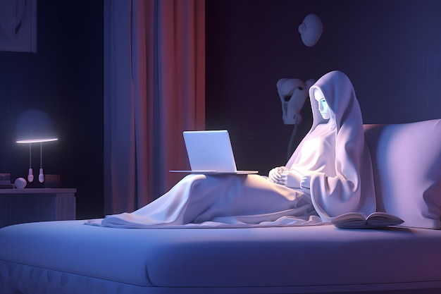 Uma pessoa em uma cama com um laptop no colo.
