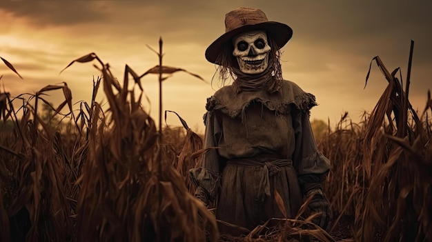 uma pessoa em uma roupa de espantalho em um campo de milho