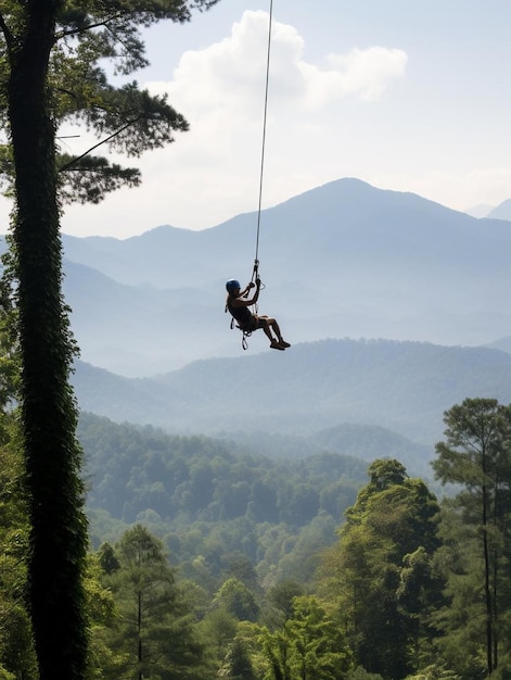 uma pessoa em uma tirolesa nas montanhas