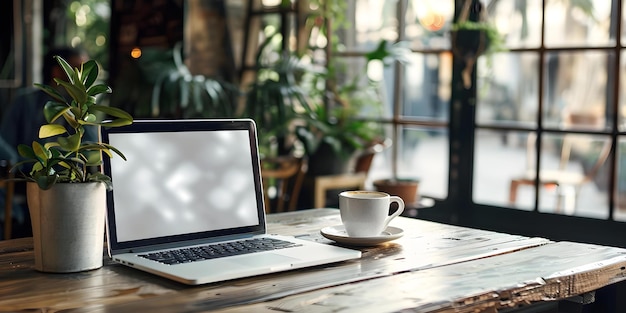 Uma pessoa em vestuário casual usando um laptop em uma mesa de café de madeira vintage com uma tela em branco Trabalho moderno em um cenário clássico Conceito Trabalho moderno Tecnologia de configuração clássica no café