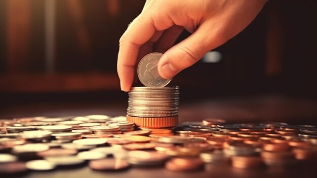 Uma pessoa empilhando uma pilha de moedas com a palavra mudança nela
