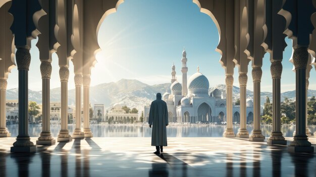 uma pessoa entra em uma bela mesquita