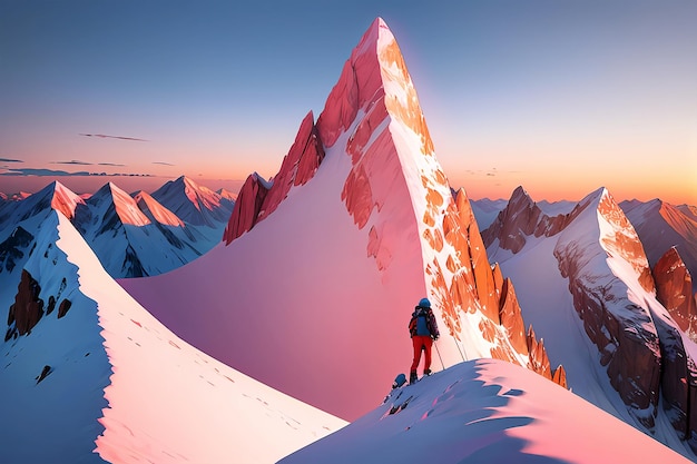 uma pessoa escalando o topo de uma montanha de tirar o fôlego coberta de neve