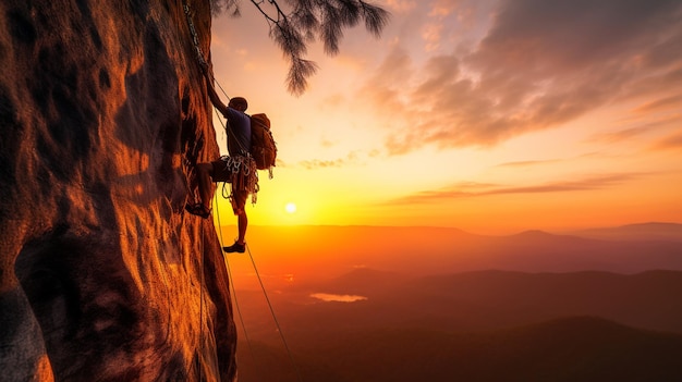 Uma pessoa escalando um penhasco ao pôr do sol