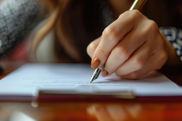 Uma pessoa escreve diligentemente em um pedaço de papel usando uma caneta focada e determinada a transmitir pensamentos ou ideias Mulher de negócios assinando um contrato com uma caneta metálica AI Gerado