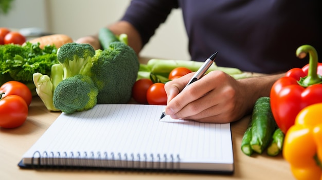 uma pessoa escreve um plano de refeições com vegetais AIGenerative AI