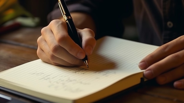 Uma pessoa escrevendo em um caderno com uma caneta.