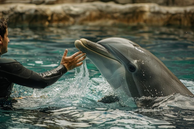 Foto uma pessoa está acariciando um golfinho em uma piscina