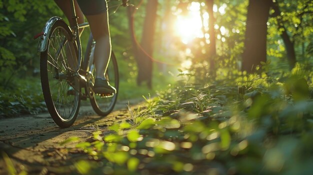 Foto uma pessoa está andando de bicicleta por uma floresta o sol está brilhando brilhantemente lançando um brilho quente nas árvores e no caminho a cena é pacífica e serena